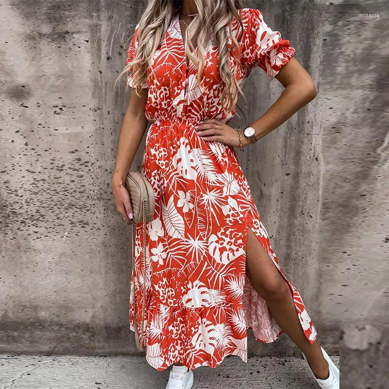 Casual Dresses Summer Floral Print Dress Women Sexy V Neck Side Slit Elegant Long Female Short Sleeve Button Party Vestidos