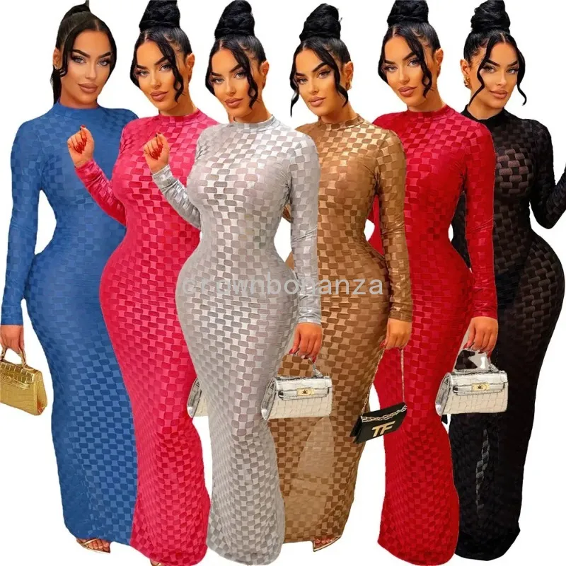 Designer Long Sleeve Dress Women Fall Winter Bodycon Dresses Sexy Sheath Sheer See Through Maxi Dress Night Club Party Wear Bulk Wholesale Clothes