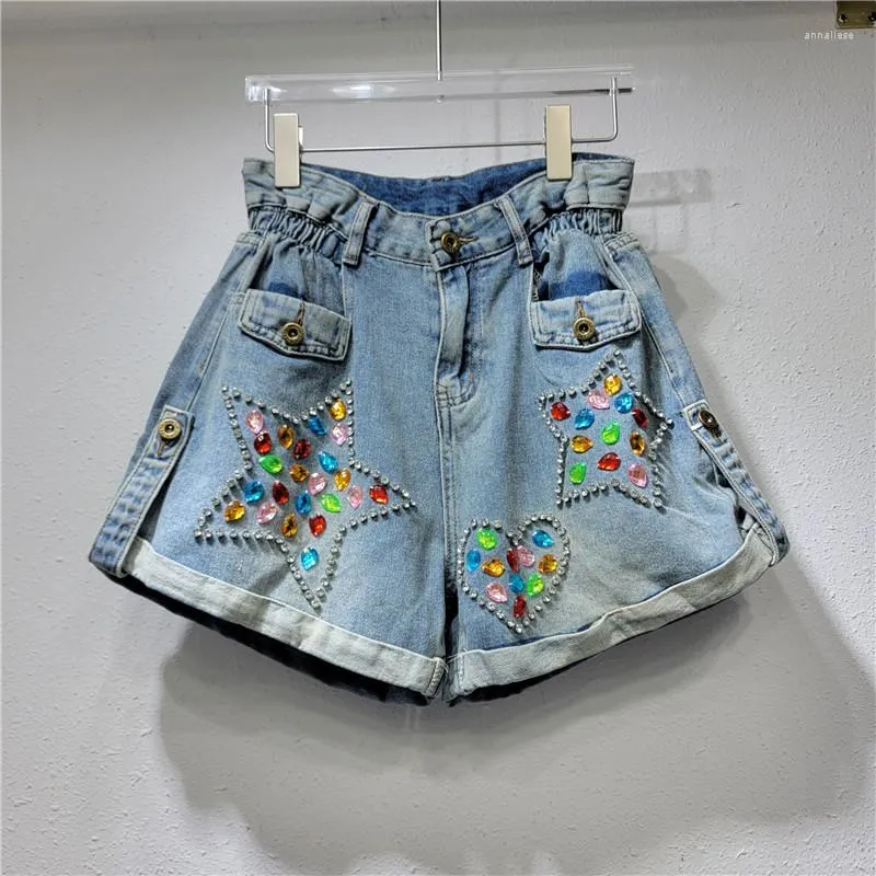 Kvinnor Jeans Fashion Shorts 2023 Summer Heavy Industry Diamond Pärled Wide Leg Flanging Denim For Women Sexy Pants Mujer