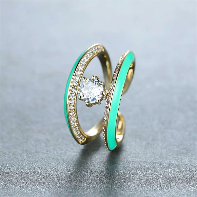 バンドリングかわいいピンクグリーンストーンオープンリングゴールドカラーヴィンテージ女性のための調整可能な結婚指輪