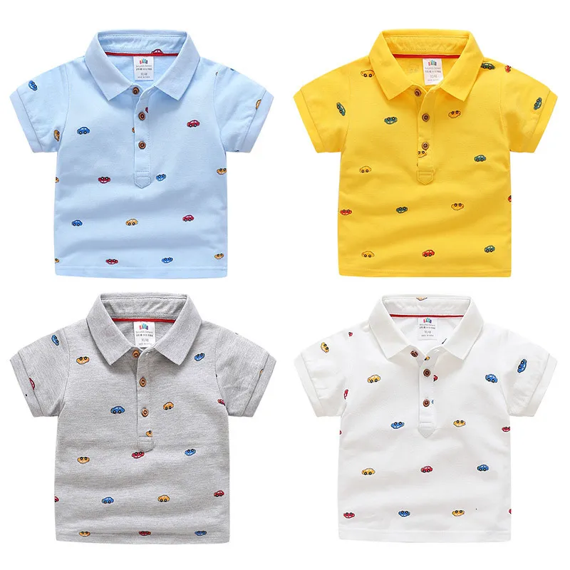 T-shirts zomer kinderkleding baby snoepkleur polo nek strip chartoon personage kinderjongen auto korte mouw katoen t-shirt 230412