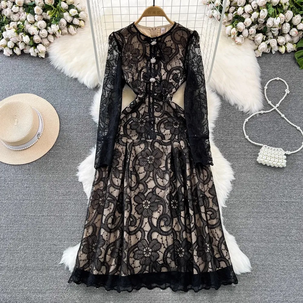 New Runway Autumn Flower Lace Midi Dress for Women - Elegant O Neck, Diamonds button, Hollow Out, Long Sleeves, Perfect for Office and Casual Wear - A