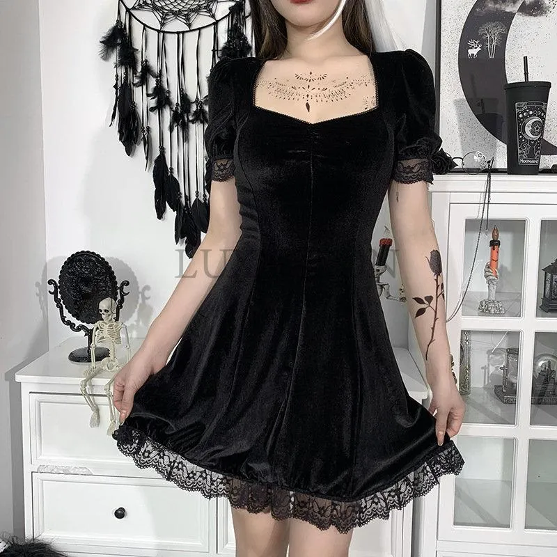 Casual Dresses Halloween Gothic Women Dress Long Sleeve High midja 2023 Goth Eesthetic 90s Egirl Sexig Slim Party Club