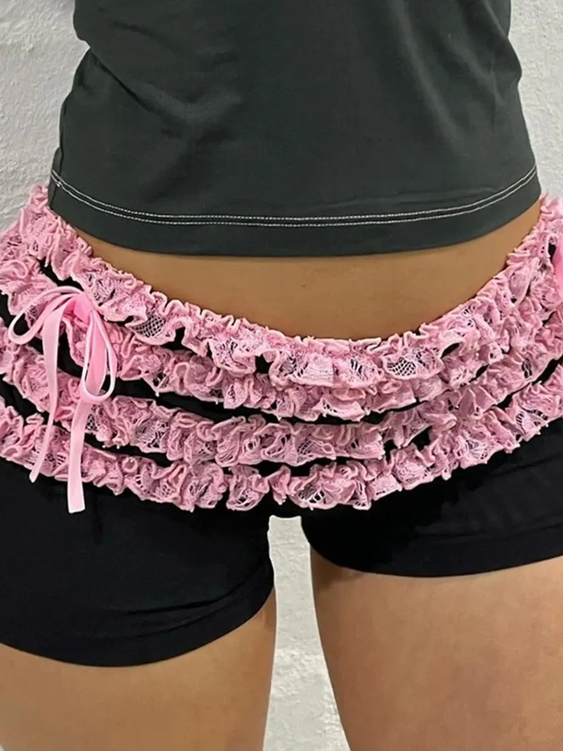 Shorts femininos mulheres verão laço guarnição preto elástico em camadas tule cordão doce bonito mini calças curtas streetwear