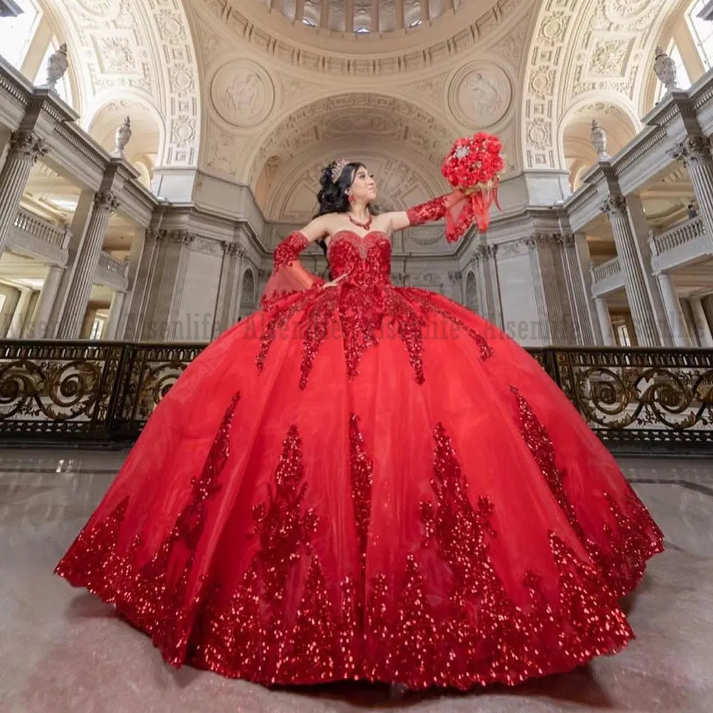 Vestidos De quinceañera rojos brillantes con mangas extraíbles Vestido De  15 Anos Vestido De baile chicas mexicanas dulce 16 Vestido De fiesta De