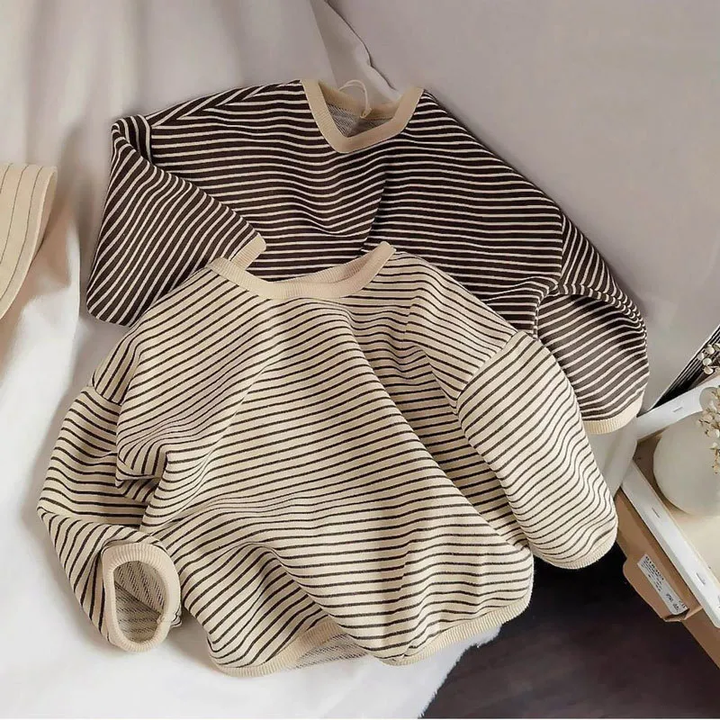 T-shirts Boys' Sweater T-shirt Spring Long Sleeve Korean Loose Striped Top Children's T-shirt Full Matching Bottom Girls' Shirt 230412