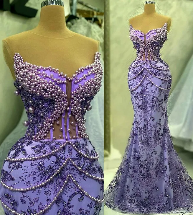 2023 abril Aso Ebi lavanda sereia vestido de baile pérolas lantejoulas rendas noite festa formal segunda recepção vestidos de noivado de aniversário vestidos robe de soiree