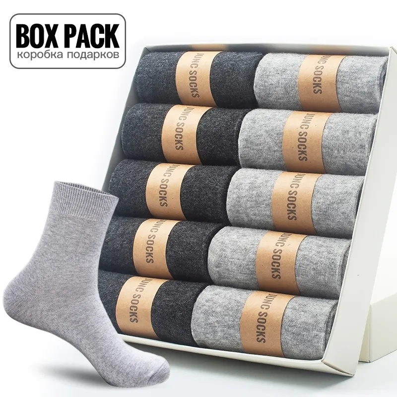 Men's Socks Box Pack Men's Cotton Socks 10Pairs/Box Black Business Men Socks Soft Breathable Summer Winter for Man Boy's Gift Size EUR39-45 230412