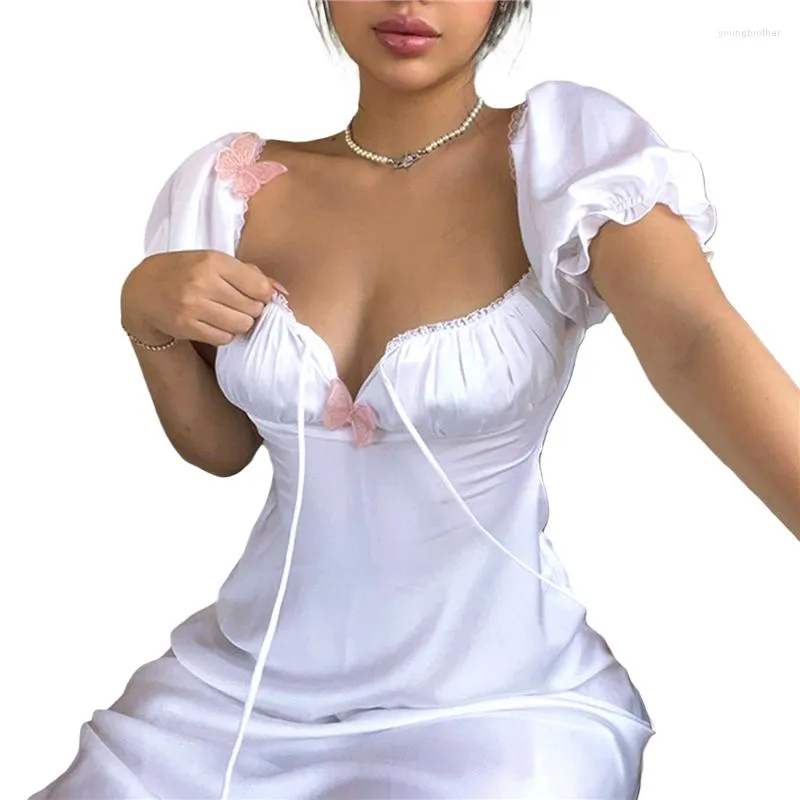 Casual Dresses White Fairycore Dress Summer Women Puff Kort ärm V Neck Hög midja med fjärilsdekor Y2K Long Streetwear