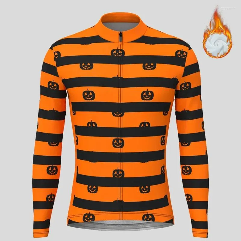 Racing Jackets Halloween Pumpkin Stripe Men Winter Thermal Fleece Cycling Jersey Long Sleeve Bicycle MTB Coat Road Bike Sports Clothing