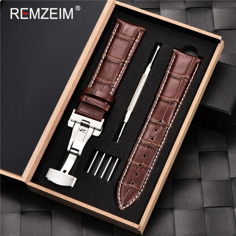 Watch Bands REMZEIM Watchband 16 17 18 19 20 21 22 23 24mm Calf Genuine Leather Strap Watch Band With Watchband Box Watch Accessories 230412