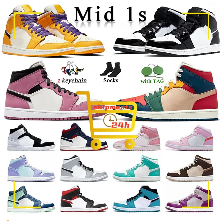 Jumpman 1 Mid Split Black White Basketball Shoes Man Woman Multicolor 1S Beetroot Lakers Yellow Digital Digital Toe Mid Midder Backboard Orange Sneakers with Box