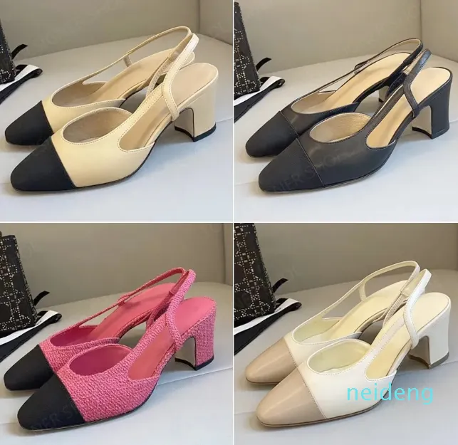 Klassiska läderlägenheter av högsta kvalitet Kattunge klackar Slingback Sandaler Pumpschunky Block klackar klädskor Kvinnors lyxdesigners Sandaler Womens Wedding With Bo