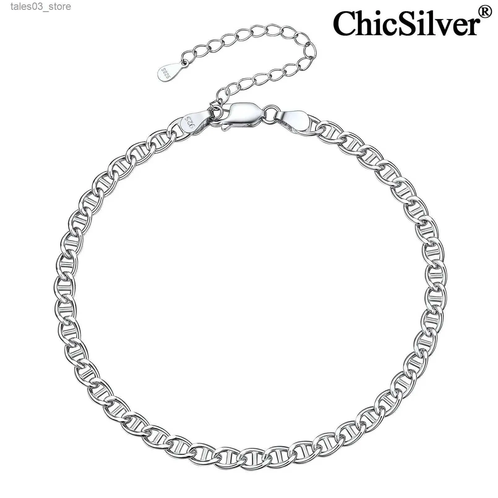 Bracelets de cheville ChicSilver 4mm plat Mariner chaîne Bracelet de cheville en argent Sterling pour les femmes large plage pieds nus bijoux Q231113
