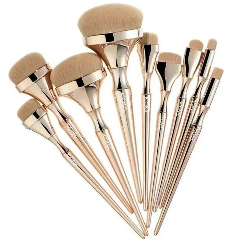 ICONIC LONDON HD 9pcs Set di pennelli per trucco Manico in oro per fondotinta in polvere Pennelli per trucco Pincel Maquiagem Strumenti di bellezza