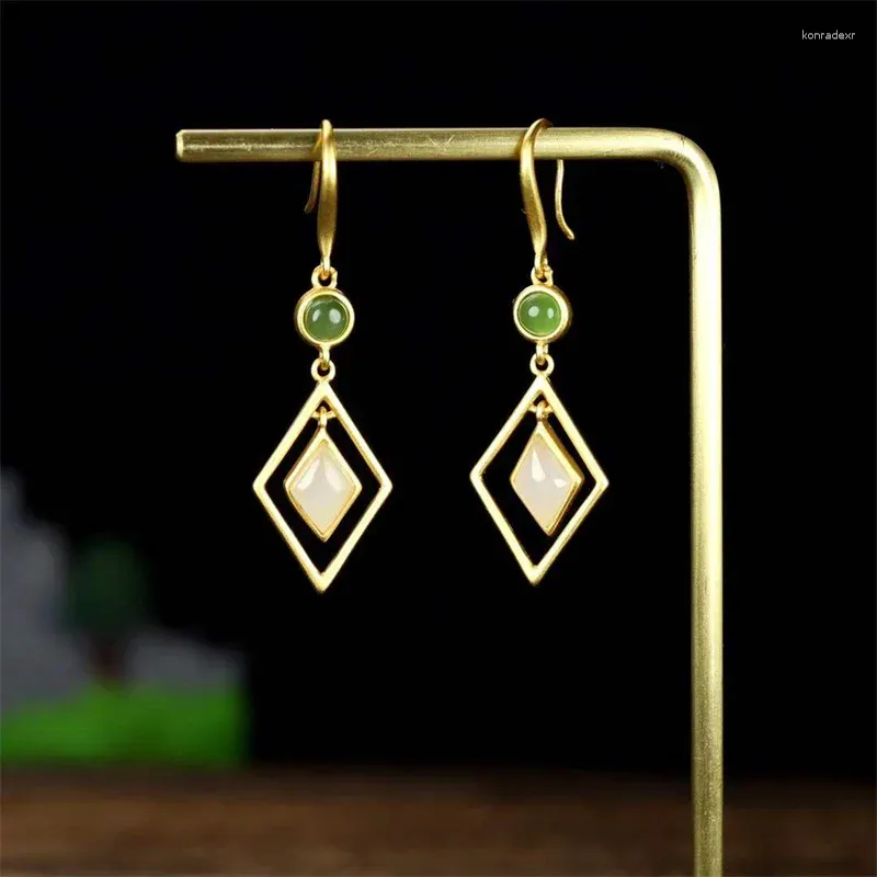 Boucles d'oreilles pendantes en argent 925 naturel sculpté à la main, Gufajin incrusté de Jade blanc, clous carrés, bijoux à la mode, cadeaux porte-bonheur pour femmes