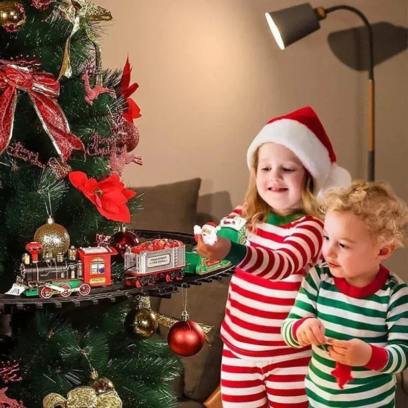 Decorações de Natal Trem ao redor da árvore de Natal Brinquedo de trem elétrico Árvore de Natal Decoração de cena ferroviária Pendurado Ornamento Kid Engraçado Presentes de Natal 231109