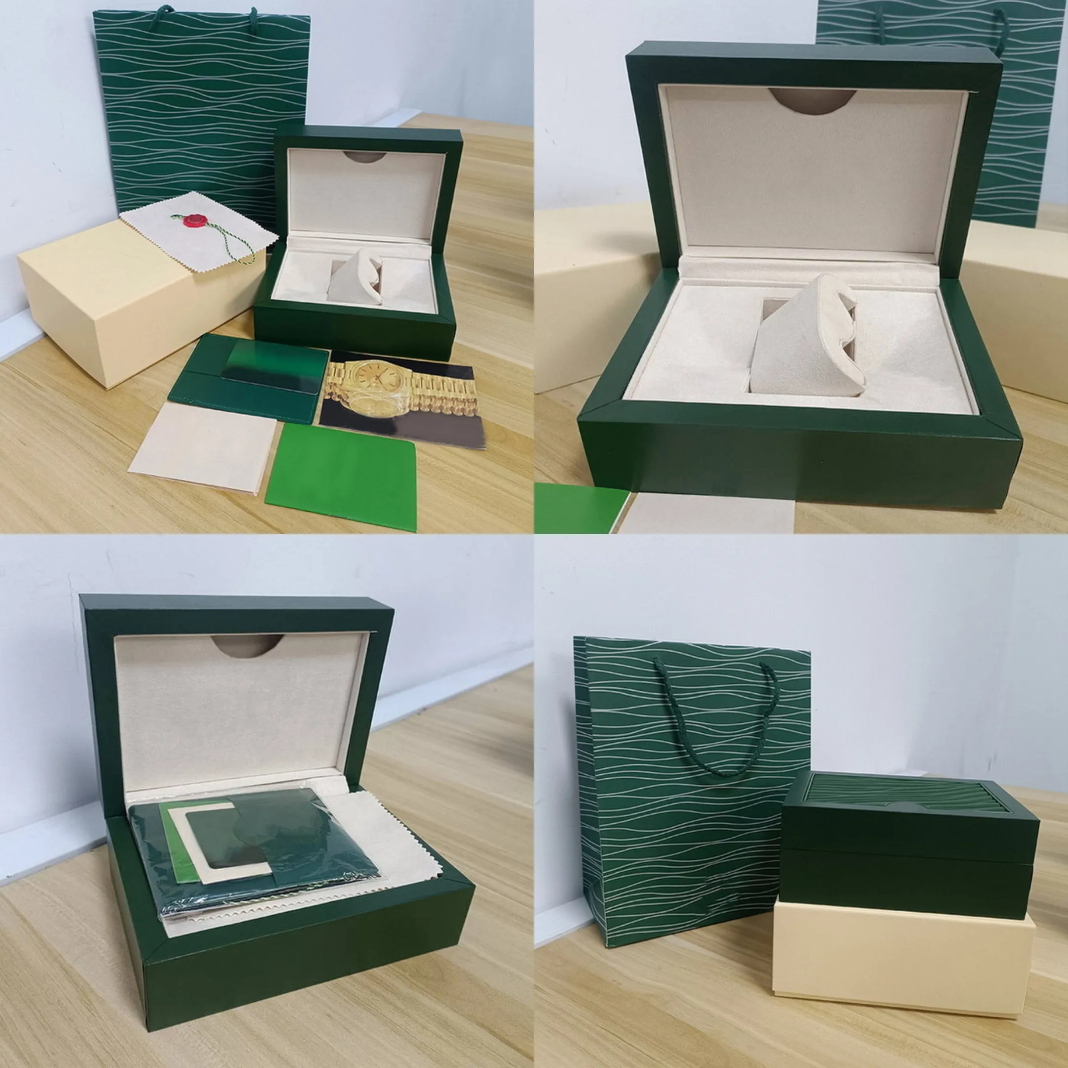 Green Rolex Watch Box Luxury Men's Watch Boxes Original Inner- och yttre kvinnors klockfodral Herrens rollj Watch Green Case Brochure Card Accessories Certificate Handväska