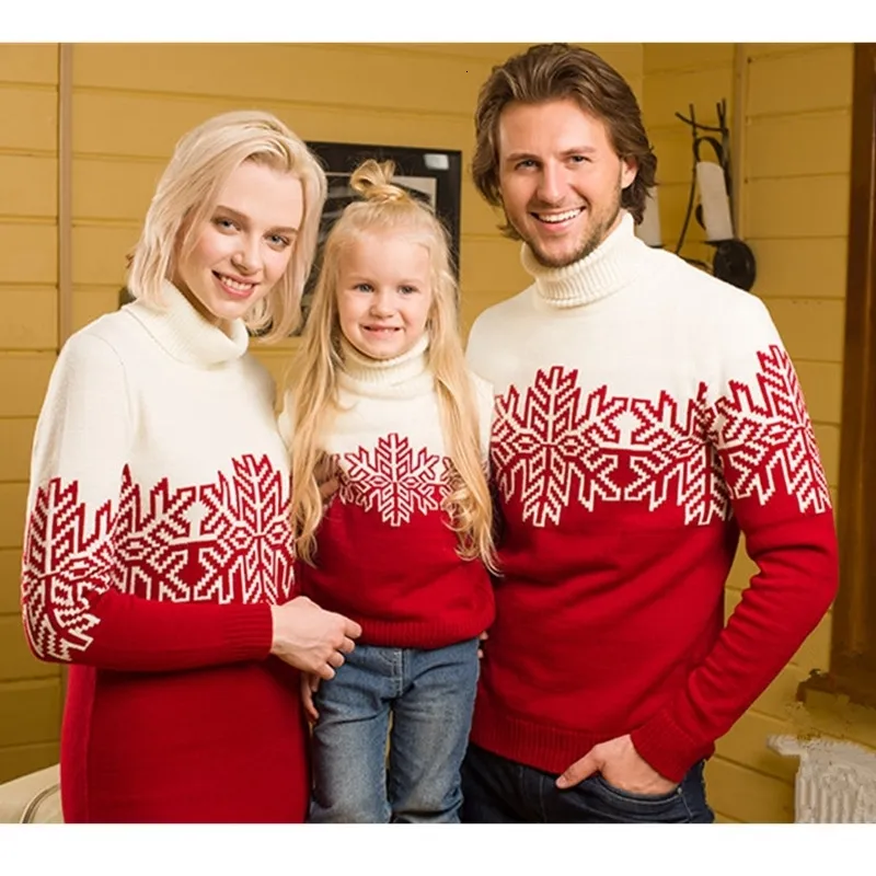 Family Matching Outfits Christmas Family Matching Sweaters Snowflake Printed Mother Knit Dress Dad Kids Jumpers Thicken Warm Turtleneck Xmas Family