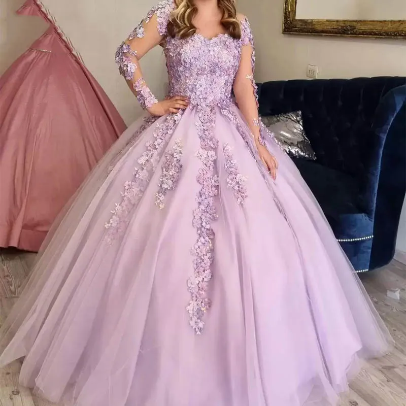 Quinceanera Prenses Light Mor Uzun Kollu Çiçekler Boncuk Varlık Vezgarı Bead Bonown Boyut Artı Boyutu Tatlı 16 Debutante Parti Doğum Günü Vestidos De 15 Anos 90