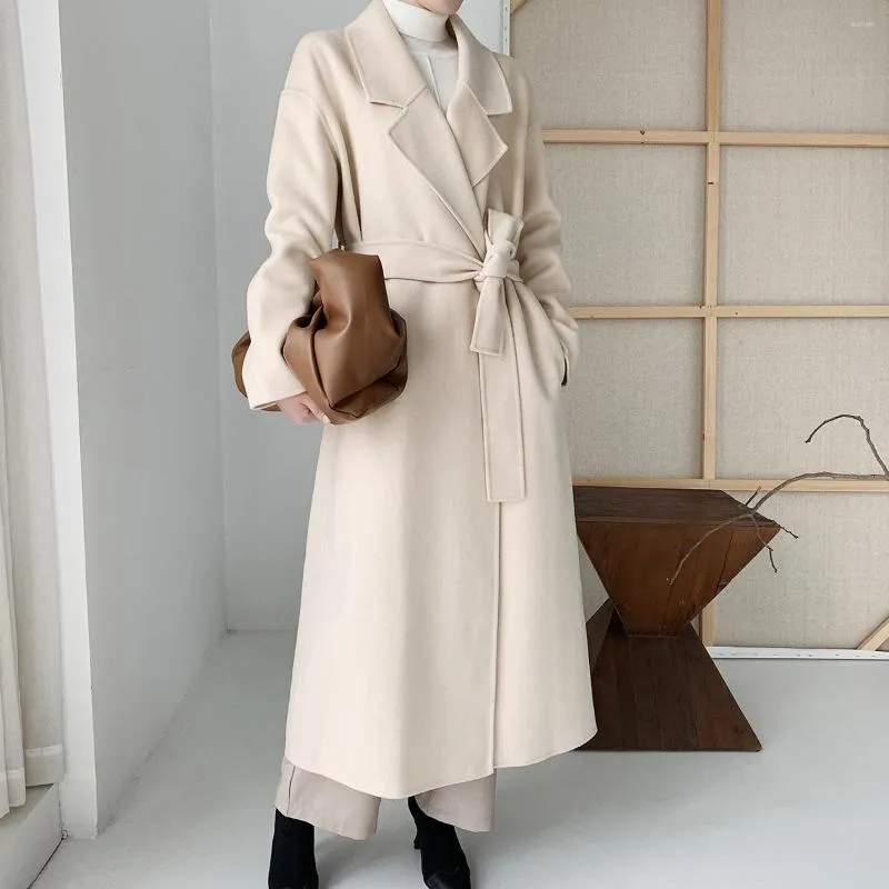 نساء الصوف النسائي Wollen Trench Blend Coat Beige Mid-Length Woolen مع حزام