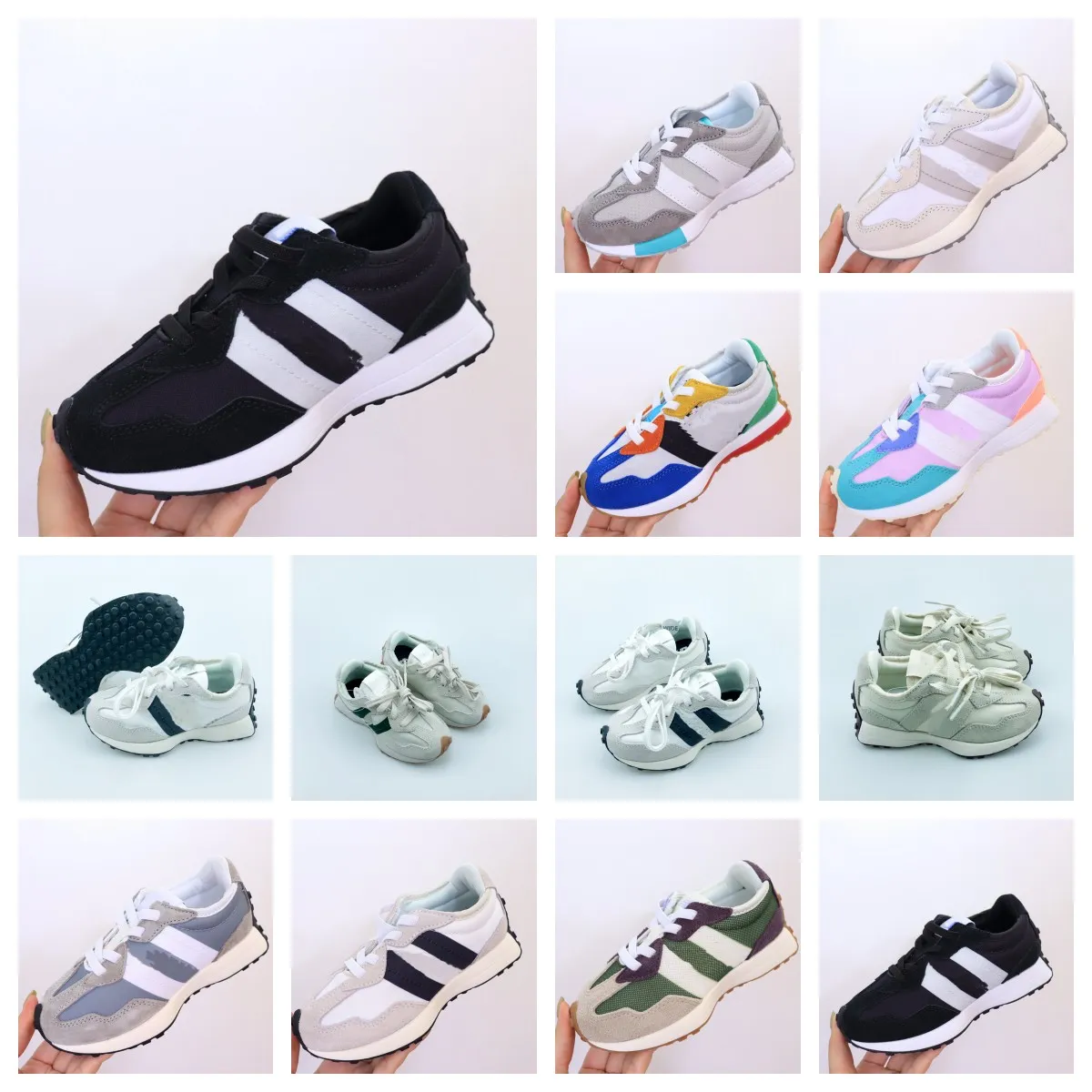 2023 Hot New Kids Sneakers 327 신발 레이스 후크 디자이너 소년 스포츠 스니커 유아 유아 소녀 청소년 유엔 야외 유아 트레이너