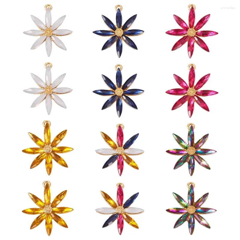 Encantos 24 peças liga multicolorida acrílico strass flor para chaveiro diy colar brincos acessórios de fabricação de joias da moda