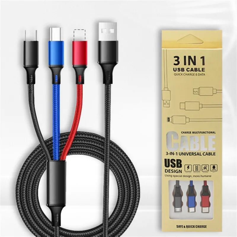 1,2 m 3 w 1 nylonowe dane oparte Dane ładujące wiele kabli ładowania USB 3A Kabel iOS typ C Micro dla iPhone'a Samsung Huawei LG z pudełkiem detalicznym