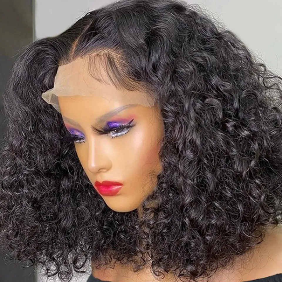 Mongolian Afro Kinky Curly Simulation Human Hair Wigs com franja curta brasileira Nenhuma perucas frontais de renda cheia para mulheres