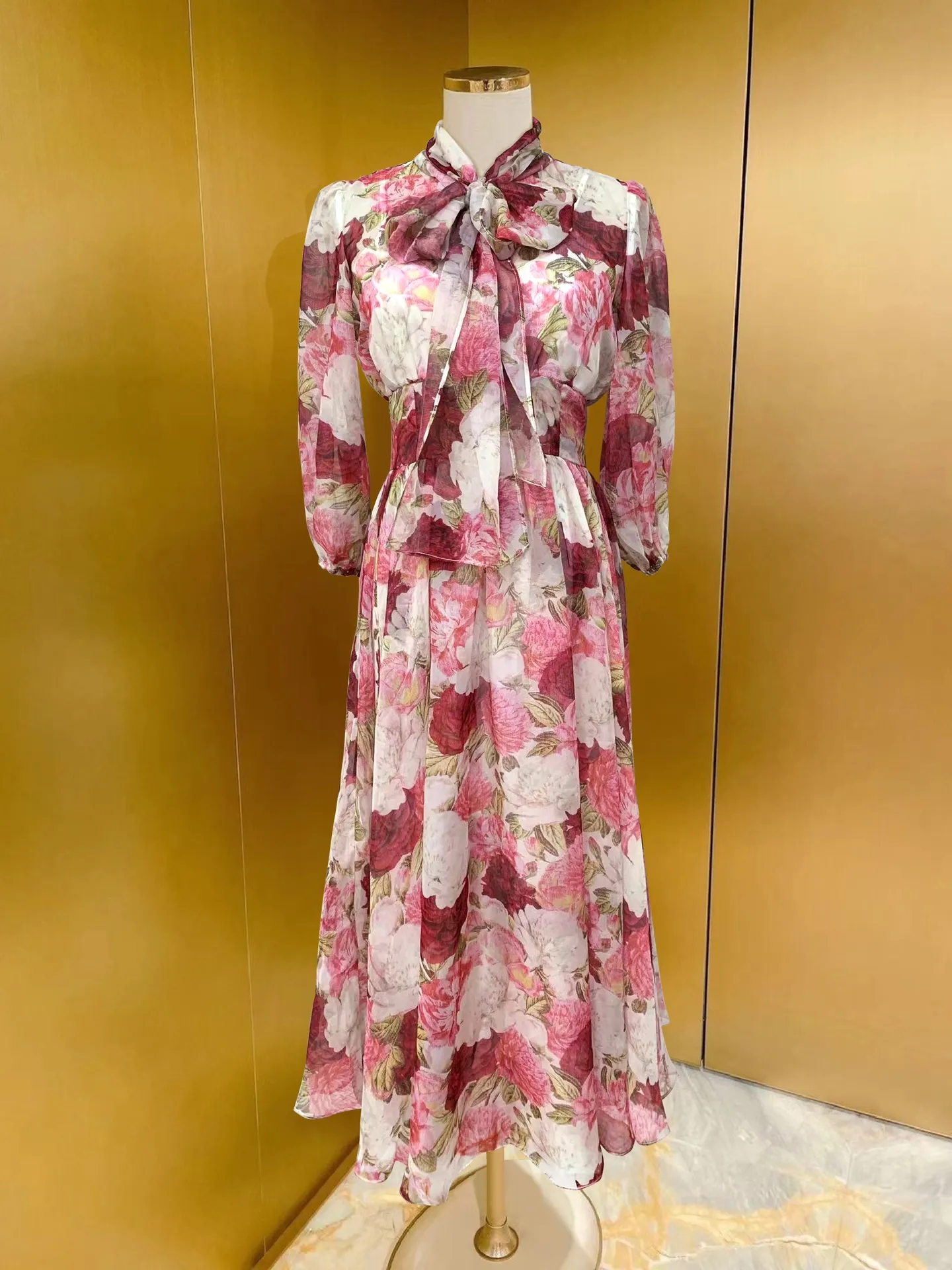 Flowing Dress Chiffon Printed Neckline Tie Bow Tie Waist Large Swing Flowing 2023 Spring/Summer Fashion Dress Women`s Clothing Multi color options S-XL