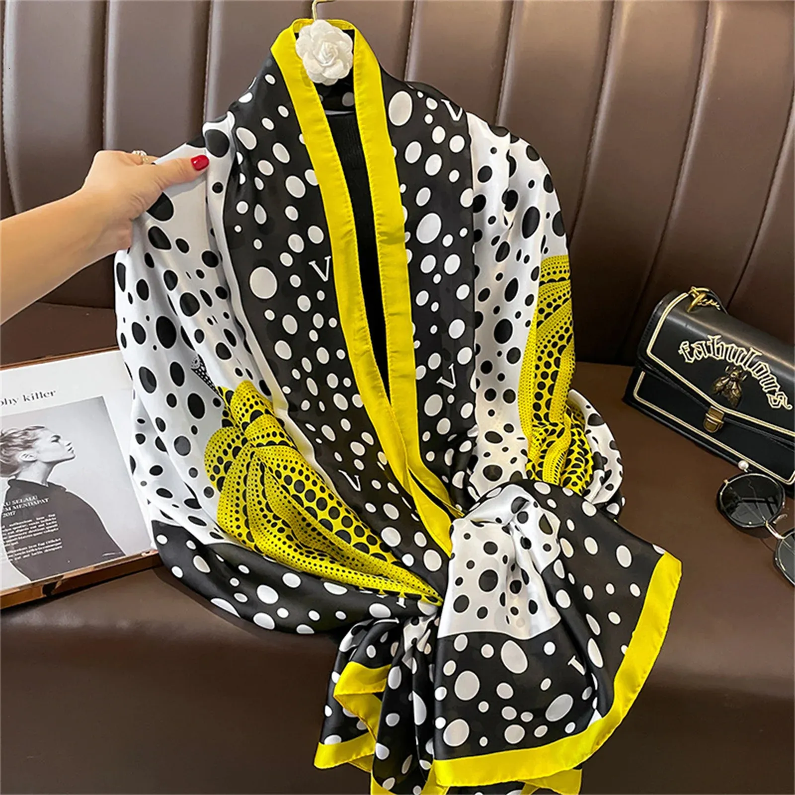 Parei 180 * 90 cm classica sciarpa di seta donna Foulard Office lady grande stampa di moda spiaggia scialle Hijab ordito bandana silenziatore pareo 231113