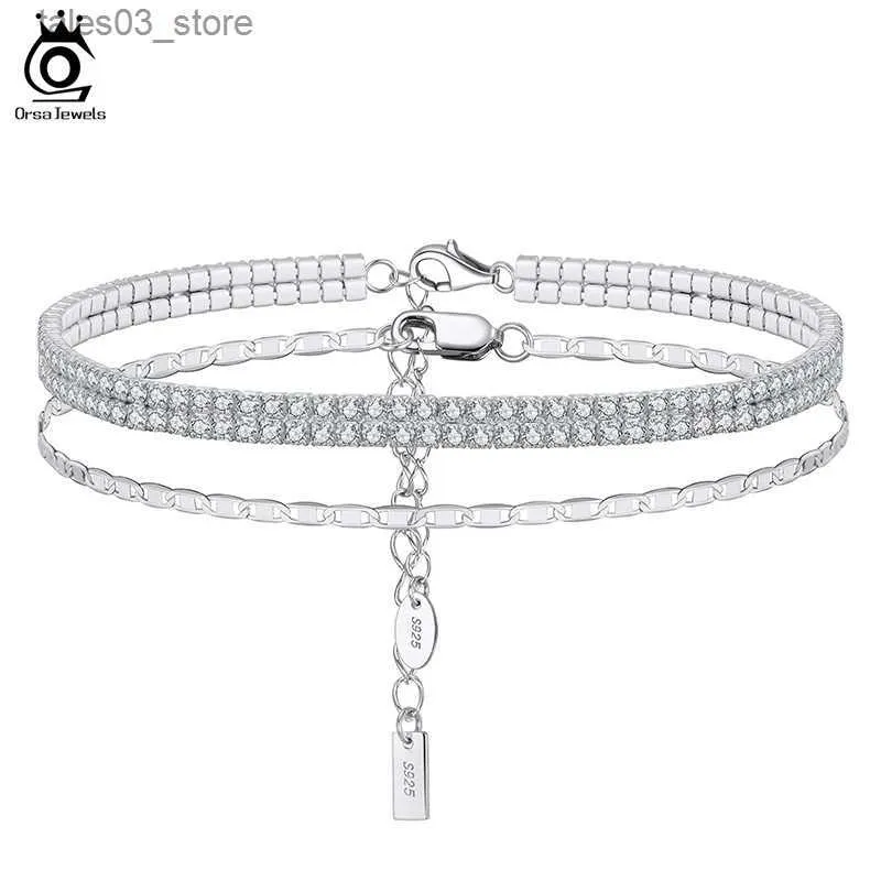 Anklets ORSA JEWELS 925 Sterling Silver Italian Sparkle Mirror Link 2mm 2 Rows Tennis Anklet for Women Foot Bracelet Ankle Jewelry SSA03 Q231113