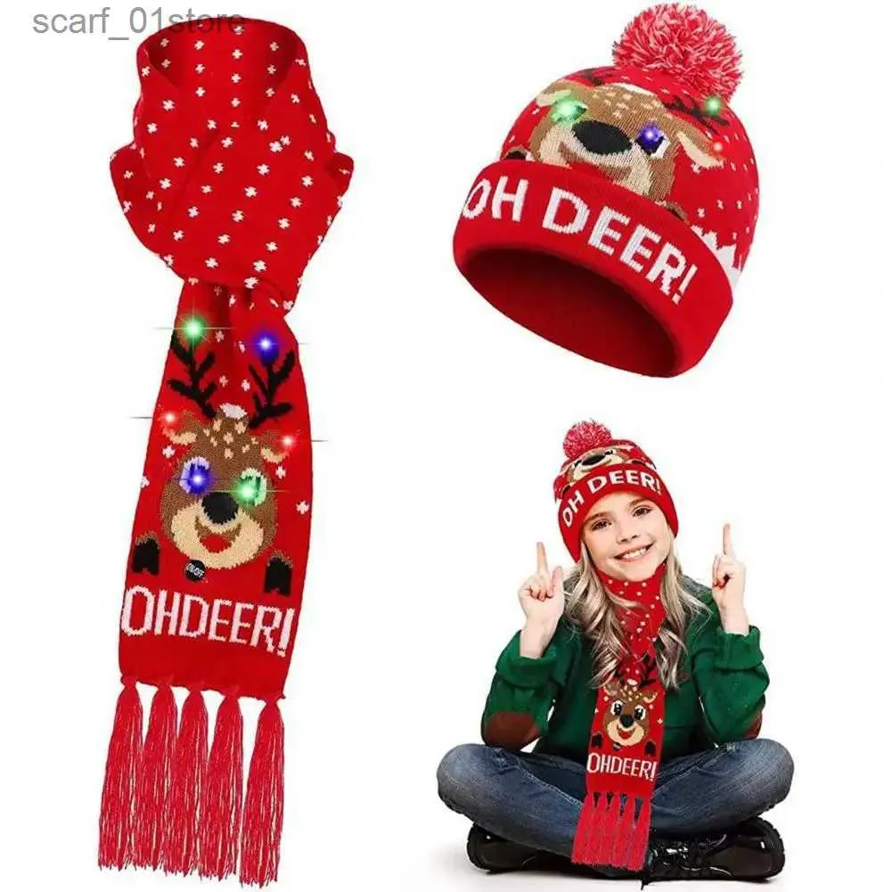 Hats Scarves Sets Children Hat Scarf Set LED Christmas C Snowflake Santa Elk Xmas Tree Print Winter C New Year Festive Tassel Scarf Beanie SetL231113