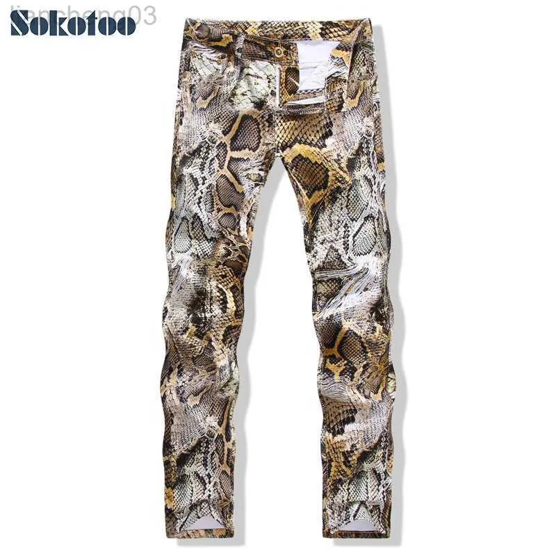 Men's Jeans Sokotoo Men's fashion snakeskin print jeans Slim colored stretch denim pants for man W0413