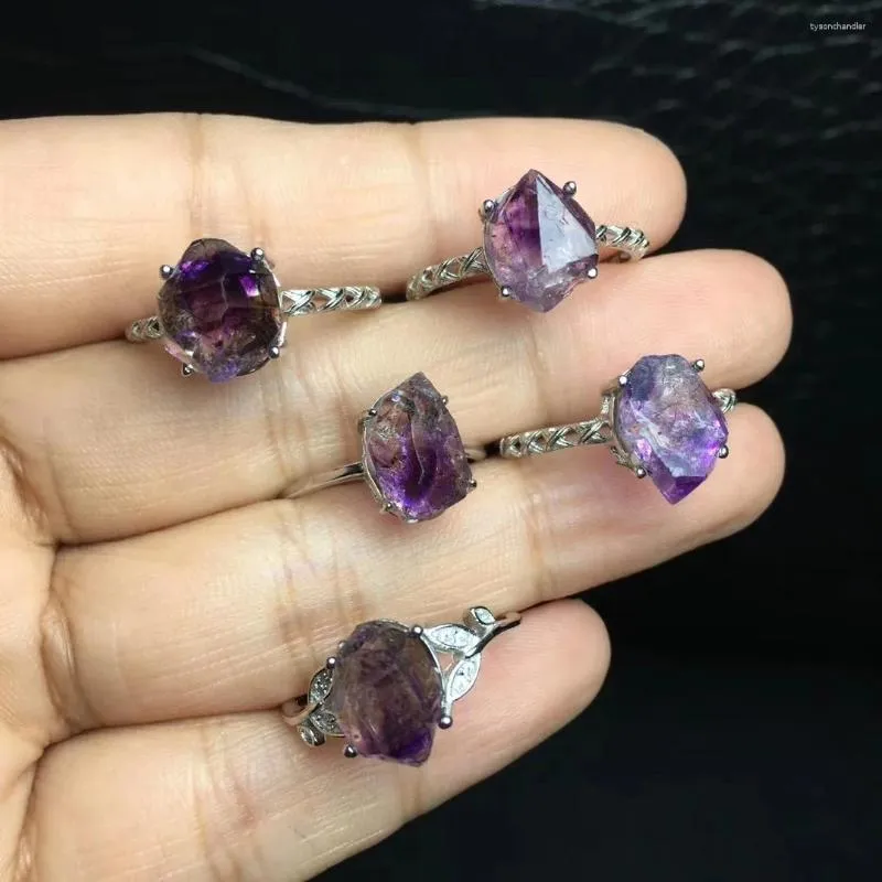 Cluster Rings 1 Pc Fengbaowu Natural Raw Rough Purple Rutilated Quartz Super 7 Point Hexagonal Prism Ring 925 Sterling Silver Jewelry Gift