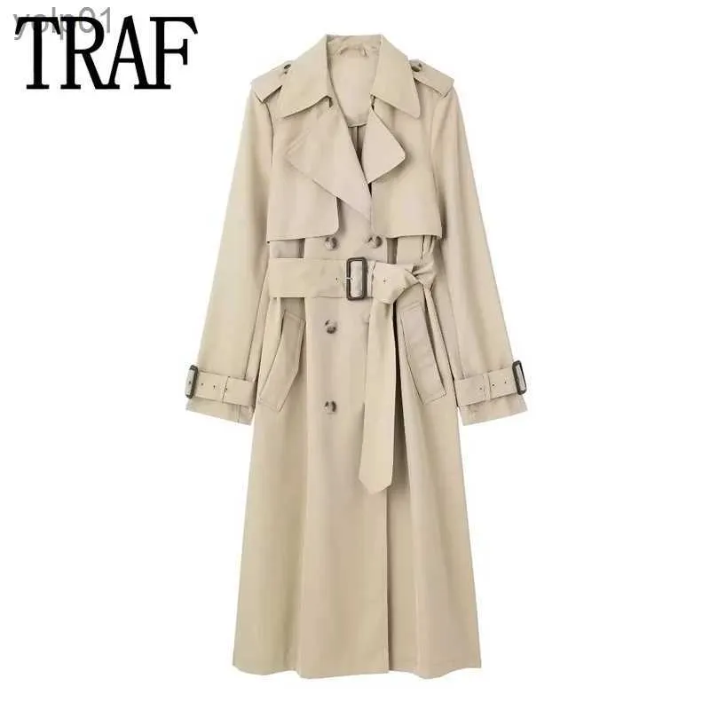 معاطف الخندق النسائية TRAF 2023 امرأة الخندق Coatdouble Breaded Trench Coat Women Long Sle Women Women's Windbreakers الخريف الخريف 231113