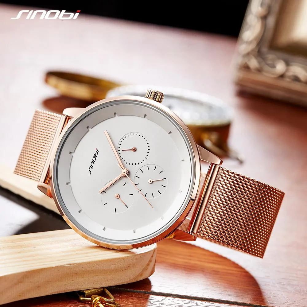 2023 Rose Gold Men Watch SINOBI Top Brand Luxury Milan Mesh Band Fashion Casual Date Calendar Quartz Clock Business Watches Mens Gift