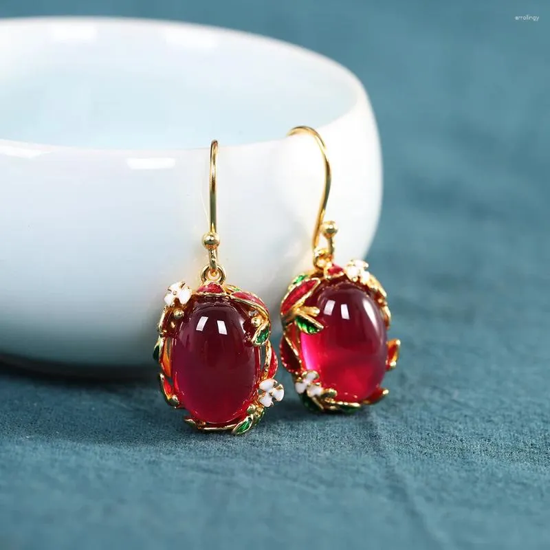 Kolczyki Dangle S925 Srebrne złoto Plated Cloisonne Women's Red Corundum Jewelry Retro Chińskie akcesoria Hanfu