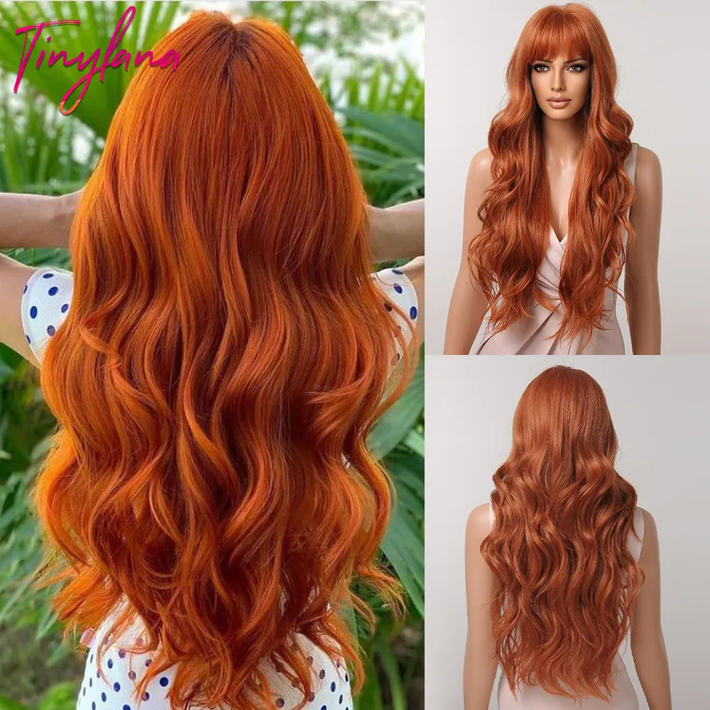 Perruques Cosplay Orange Cuivre Rouge Jaune Perruques Synthétiques Longue Ondulée Gingembre Perruque avec Frange pour Femmes Naturel Cosplay Vague De Corps Cheveux Résistants À La Chaleur 230413