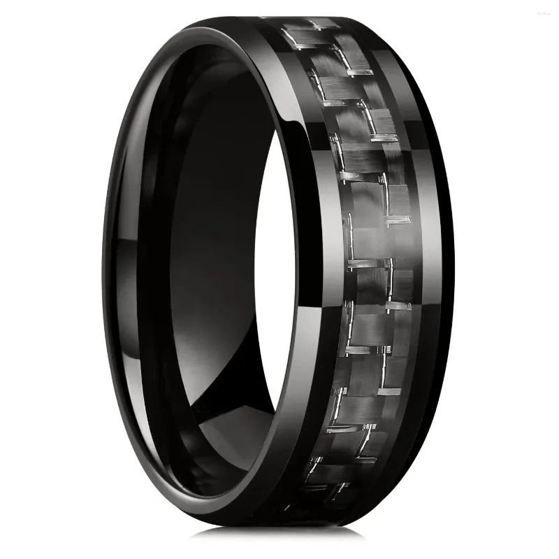 Anneaux de mariage classique 8mm hommes anneau titane acier inoxydable incrustation noir bande de fibre de carbone bijoux accessoires de cadeau de noël