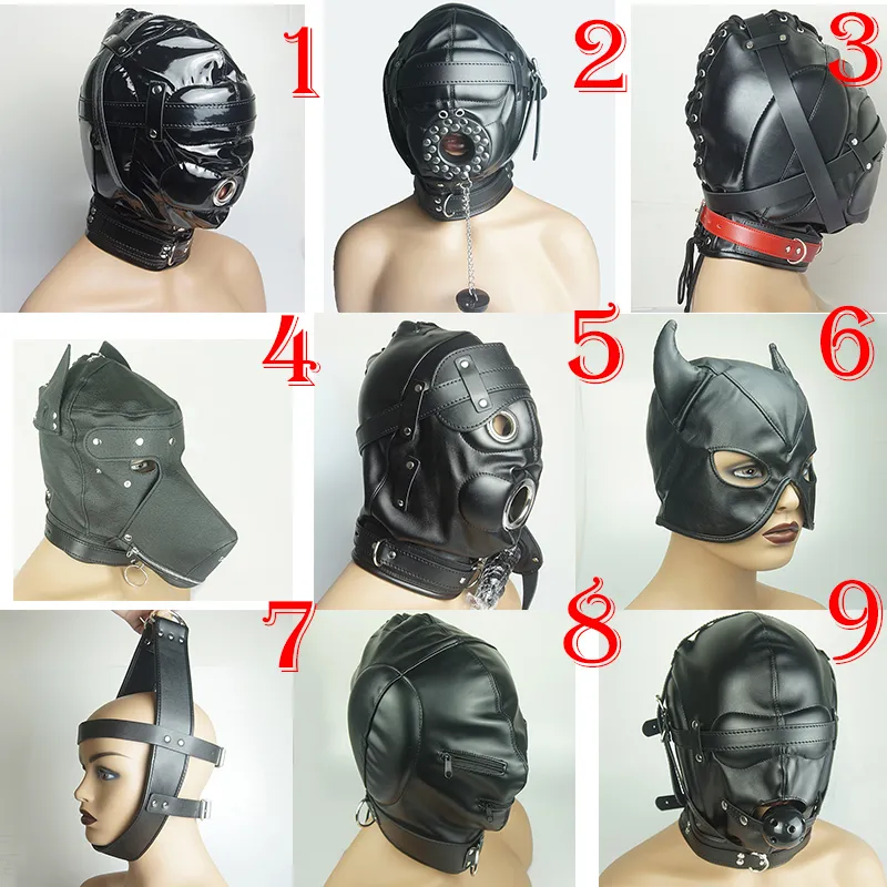 Jouets pour adultes Bondage Masque à capuche complet BDSM Jouets sexuels pour couples Harnais en cuir d'esclave Rembourré Gimp Gode / Anneau / Ball Gag Blindfold 230413