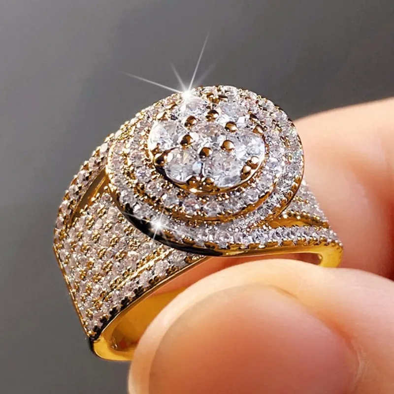 Hotsale Neue Mode Frauen Ringe Gelb Weiß Gold Überzogene Voll CZ Großen Ring für Frauen für Hochzeit Party Verlobung ring Schönes Geschenk