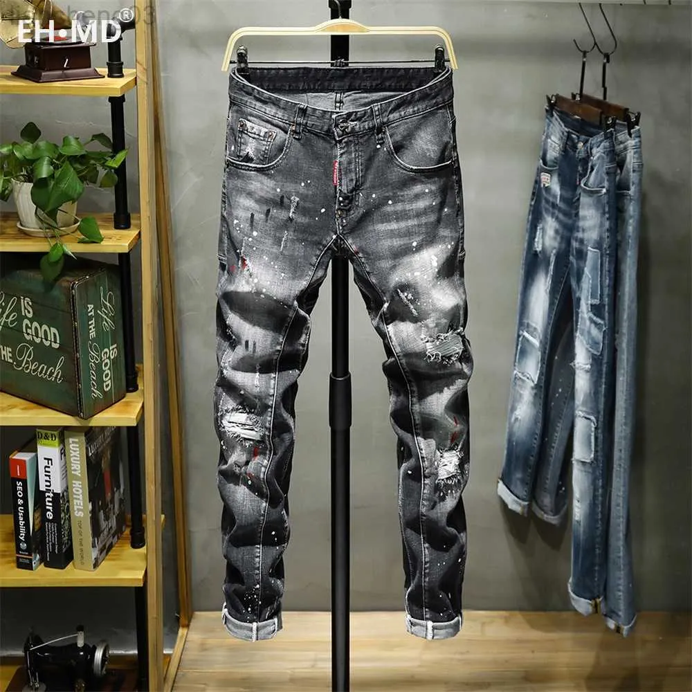 Jeans pour hommes EHMD Ripped Hole Jeans pour hommes Paint Dots Ink Splattered Soft Cotton High Elastic Leather Label Black Grey Slim Pants Red Ears 2 W0413