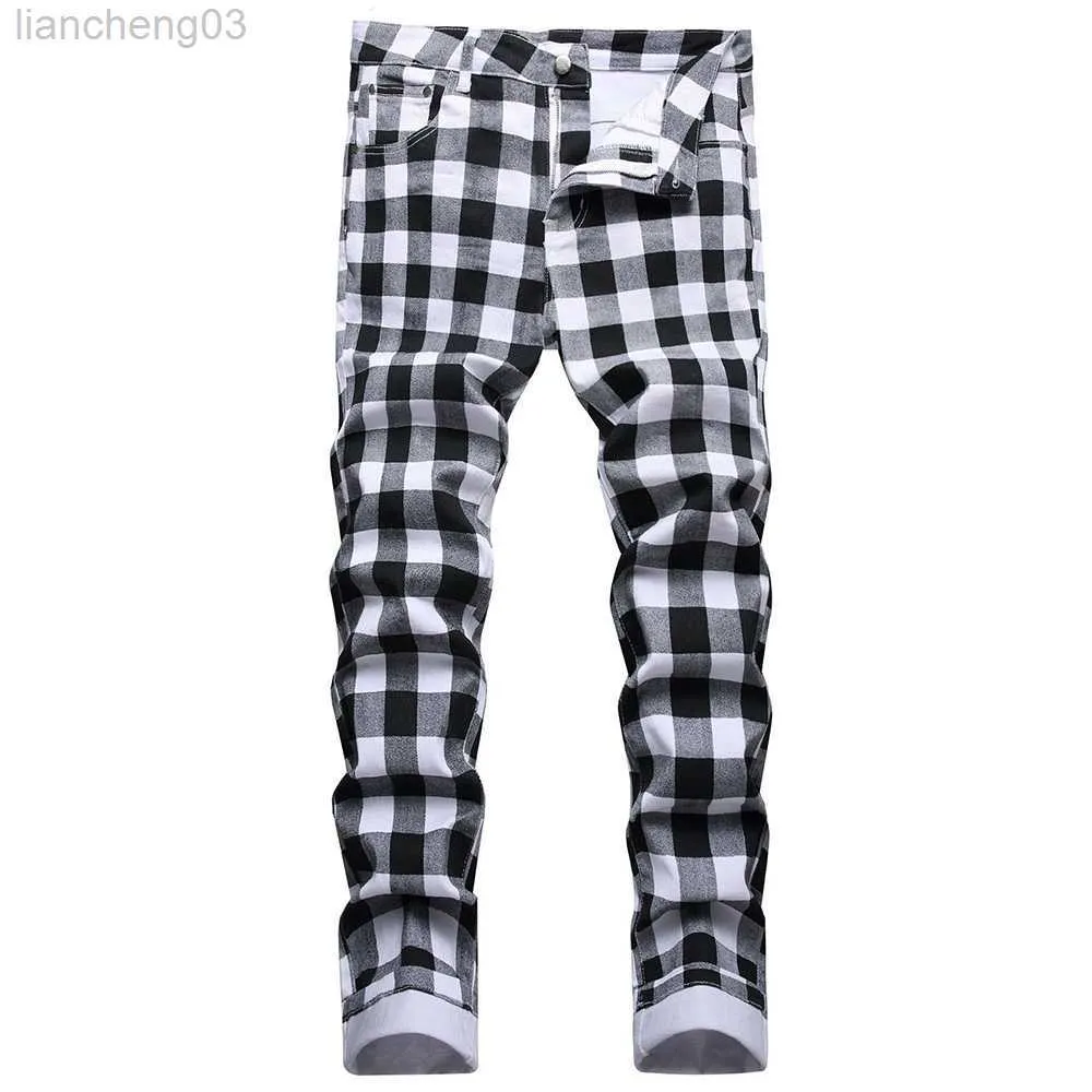 Men's Jeans Men's Black and White Plaid Printed Jeans Fashion Check Digital Print Slim Straight Pants Stretch Trousers W0413