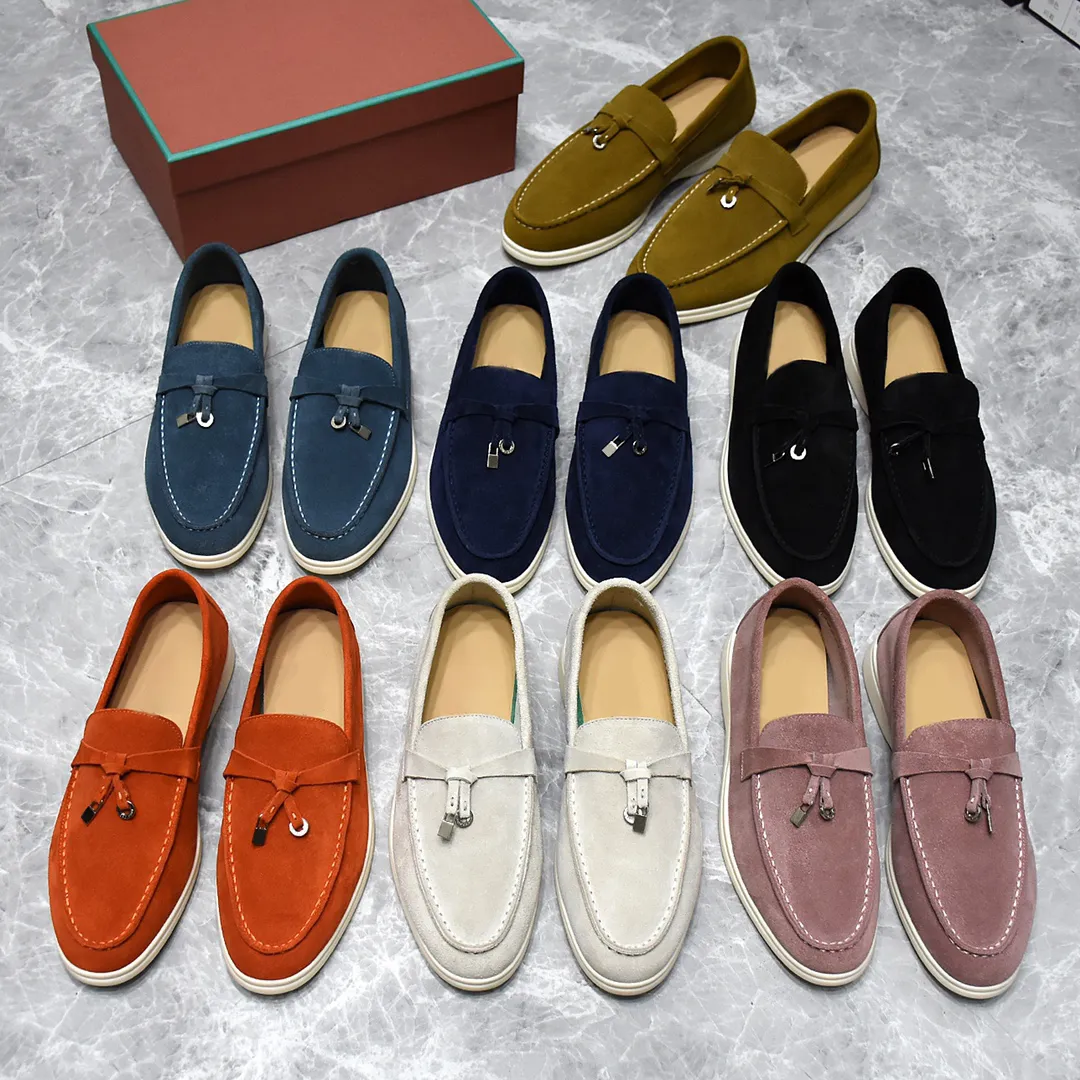 LP Shoes Sommer-Slip-on-Loafer für Damen, Charms-Wildleder-Mokassins, Aprikose, echtes Leder, Herren-Freizeitschuhe, Damen-Luxus-Designer-Loafer, Wildleder-Freizeitschuhe
