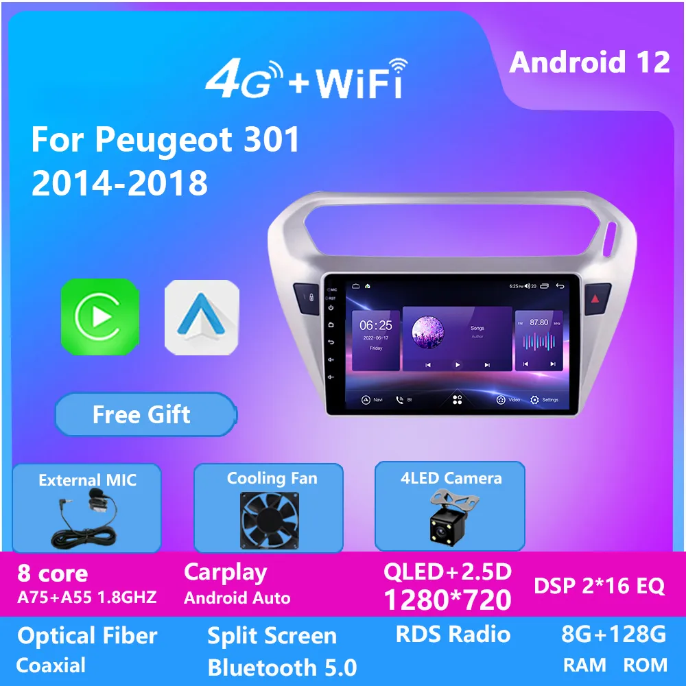 Android 12 Video Touch Screen GPS WiFi FM DVD DVD Rádio estéreo Player para Peugeot 301 2014-2018