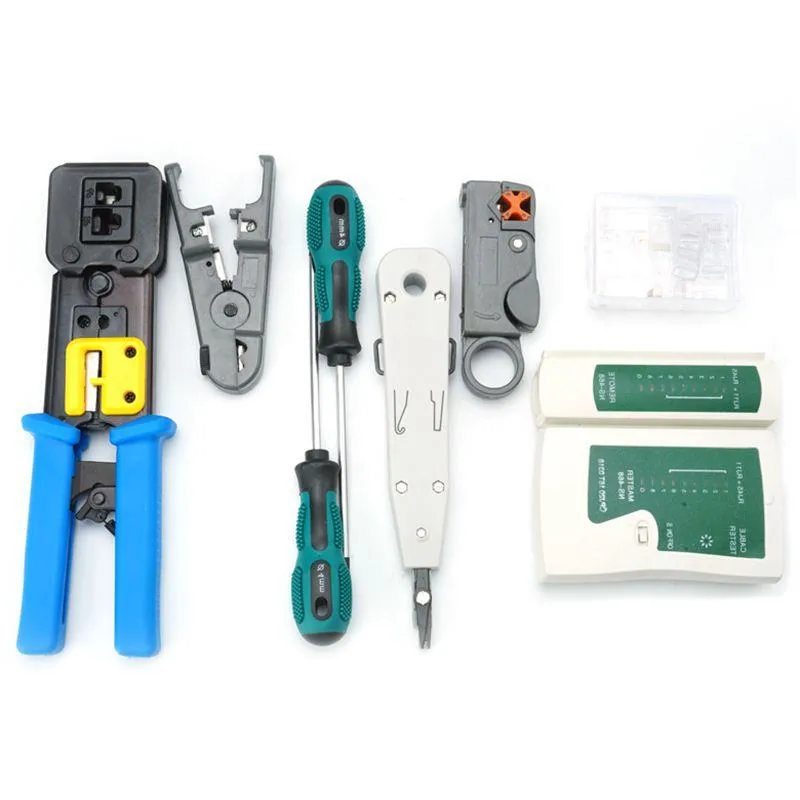 Freeshipping Network Tool Kit Set Crimpwerkzeug Rj45 Cat5 Cat6 Kabeltester Reparatur Draht Abisolierschneider Rj45 Koax-Stecker Crimpen Rj11 Draht Fpqv