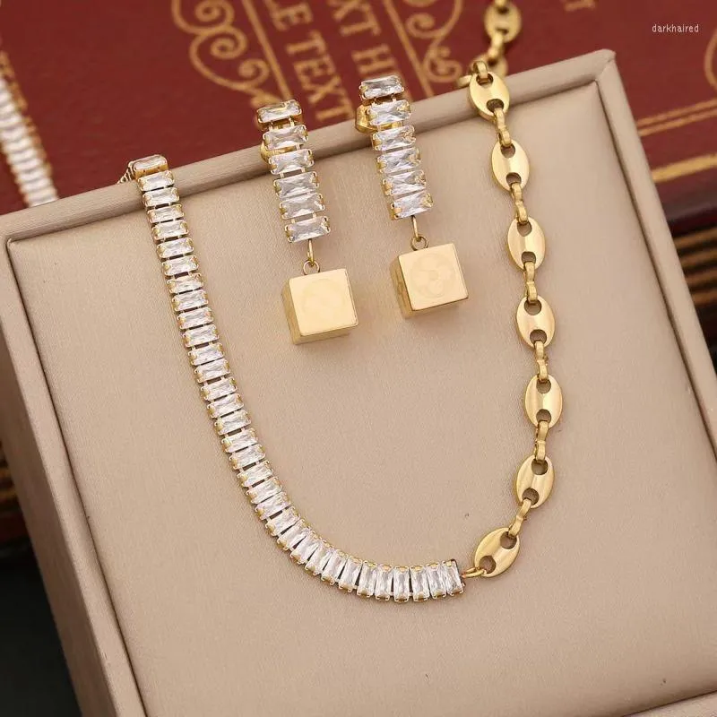 Ketten Schmuck Set für Frauen Mode Luxus Weiß Zirkon Gold Farbe Kette Edelstahl Halskette Armband Ohrringe Party Trend Geschenk