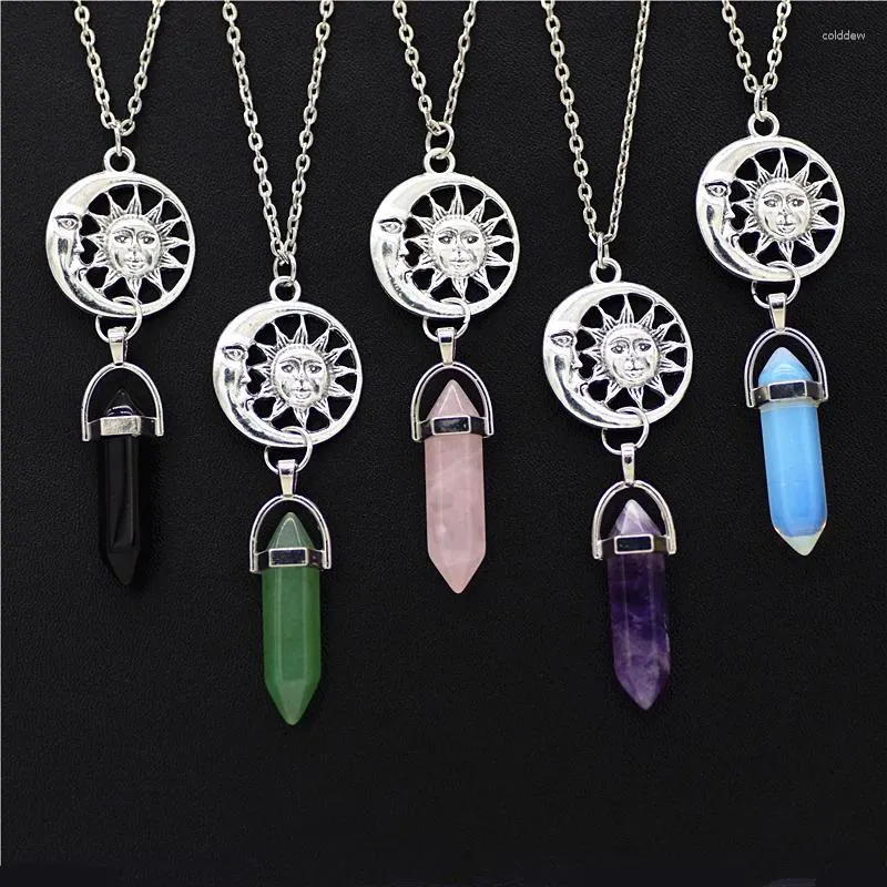 Pendentif Colliers Pierre Naturelle Cristal Noir Rose Vert Quartz Argent Couleur Lune Soleil Collier Pour Femmes Filles Mariage Bijoux Élégants