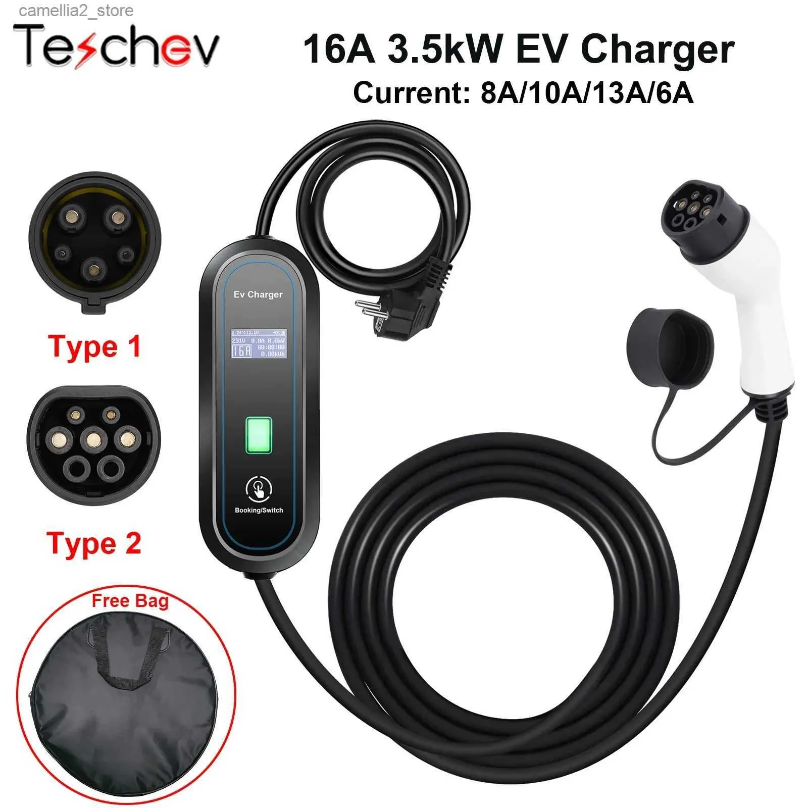 Zubehör für Elektrofahrzeuge Teschev Tragbares EV-Ladegerät Typ2 IEC62196-2 16A EVSE-Ladekabel Typ1 SAE J1772 EU-Stecker-Controller GBT-Ladegerät Wallbox Q231113